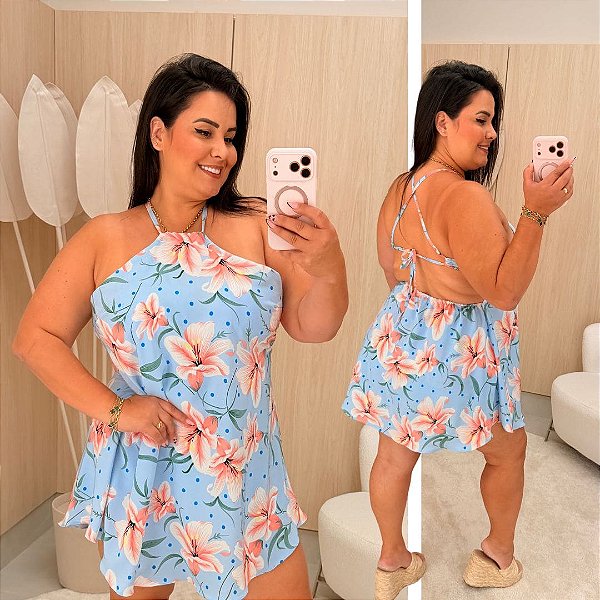 Macaquinho Ema Azul Floral Plus Size