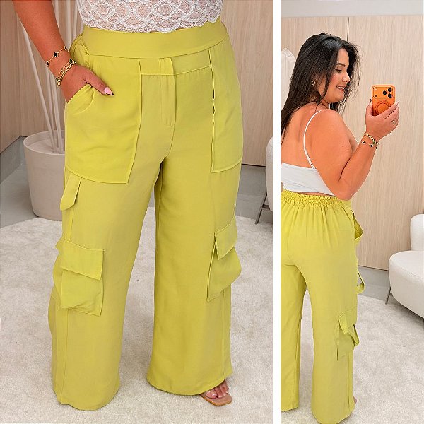 Calça Pantalona Cargo Fernanda Verde Abacate Plus Size