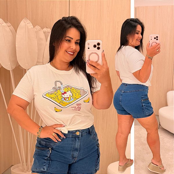 T shirt Hello Kitty Branca Estampada Banana Plus Size