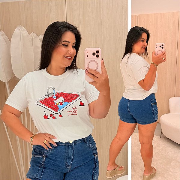 T shirt Hello Kitty Branca Estampada Cereja Plus Size