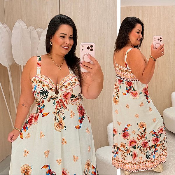 Vestido Aro Farm Verão Branco Flores Plus Size