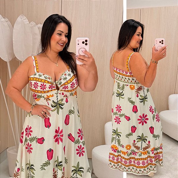 Vestido Aro Farm Verão Branco Coqueiros Plus Size