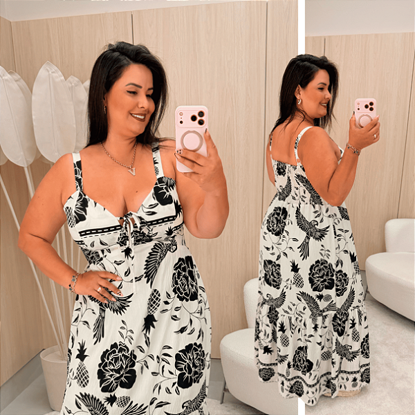 Vestido Vip Alça Helen Floral Preto Plus Size