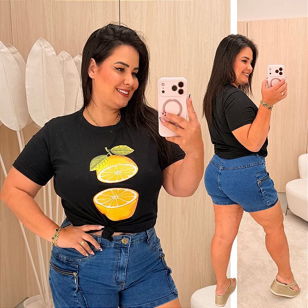 T shirt Michele Preta Estampa Laranja Plus Size