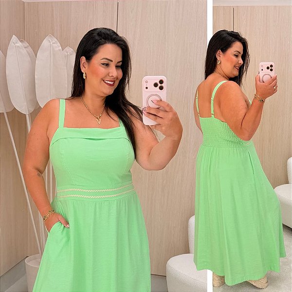 Vestido Alça Bordado Alexa Verde Plus Size