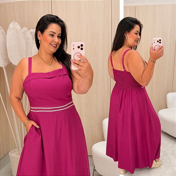 Vestido Alça Bordado Alexa Fúcsia  Plus Size