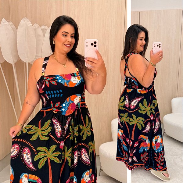 Vestido Celeste Preto Estampado Plus Size