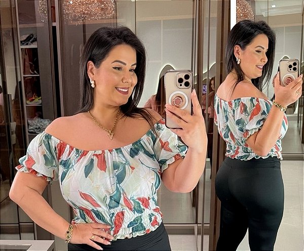 Cropped Tule Joana Folha Verde e Vermelha Plus Size