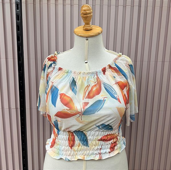 Cropped Tule Joana Folha Azul e Laranja Plus Size