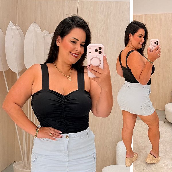 Body Elastex Franzido Julieta Preto Plus Size