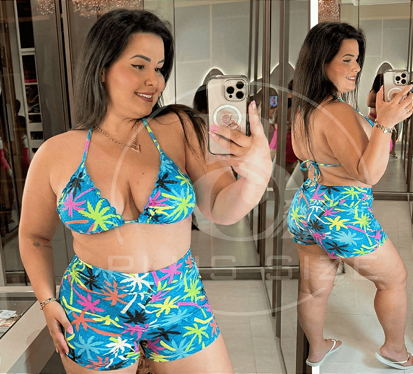 Biquíni com Short Perla Azul Estampado Plus Size