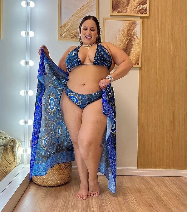 Biquíni com saida Orla Preto e Azul Estampado Plus Size