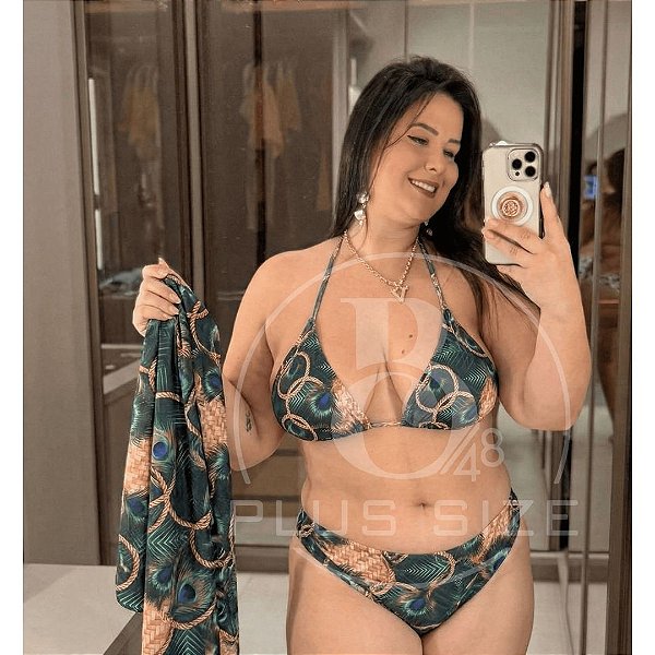 Biquíni com saida Orla Verde Penas Estampado Plus Size