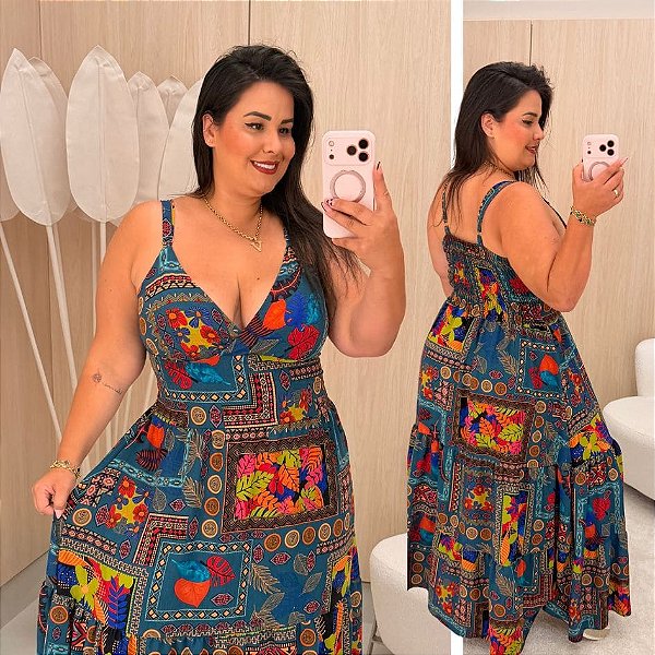 Vestido Alça Farm Kiara Azul Petróleo Floral Plus Size