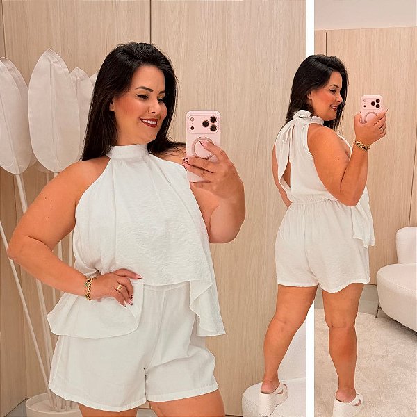 Macaquinho Babado Eloá Branco Plus Size