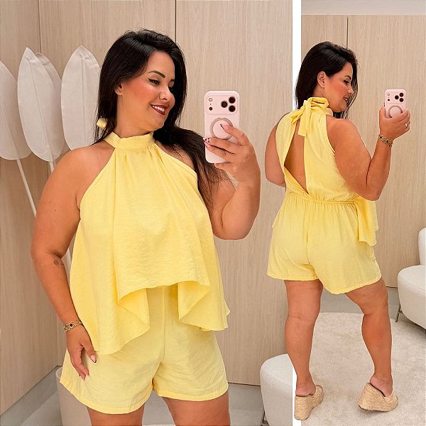 Macaquinho Babado Eloá Amarelo Plus Size