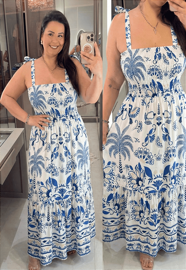 Vestido Alça Pâmela Mg Floral Azul Plus Size