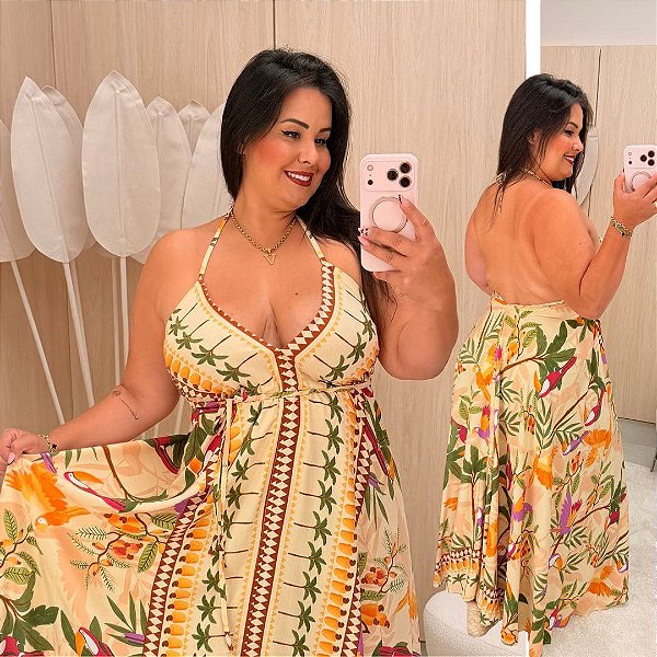 Vestido Lenço Adrieli Bege Verão Plus Size
