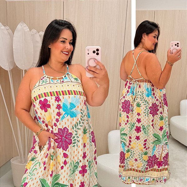 Vestido Cecilia Bege Estampado Plus Size