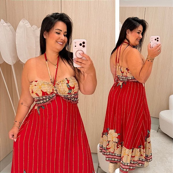 Vestido Longo Laura Vermelho Estampado Plus Size