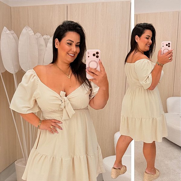 Vestido Susan Manga Bege Plus Size