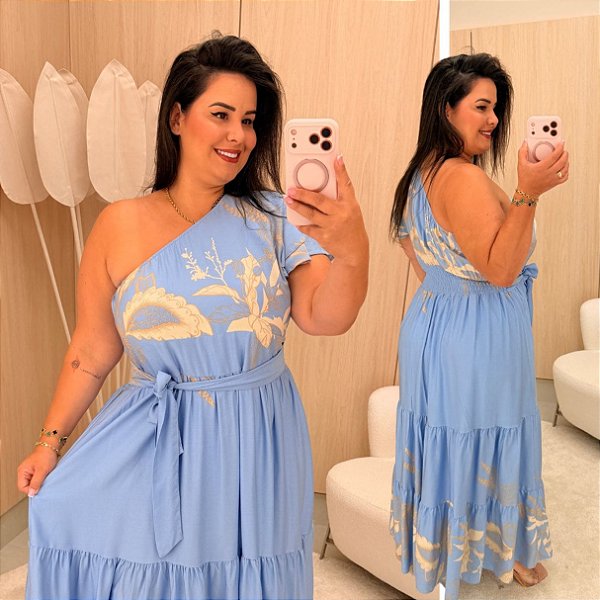 Vestido Nula Cindy Azul Estampado Plus Size