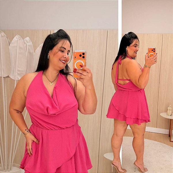 Macaquinho Gola Boba Lívia Pink Plus Size