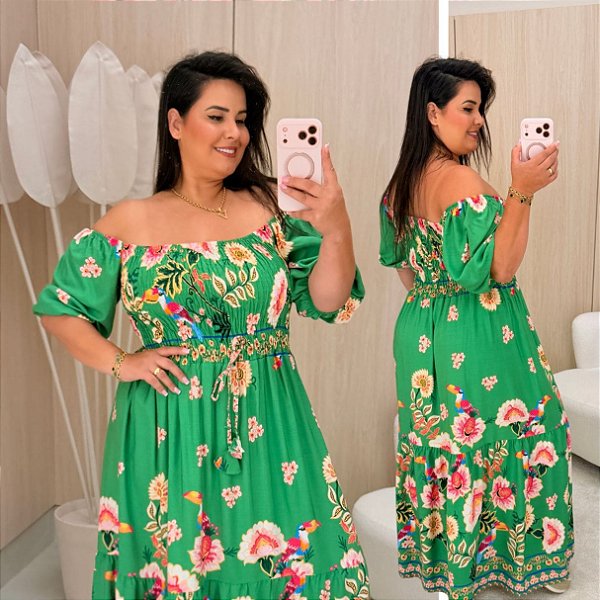Vestido Elastex Paraty Verde Estampado Plus Size