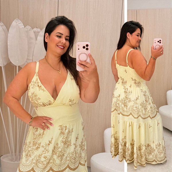 Vestido Alça Farm Maju Bege Estampado Plus Size