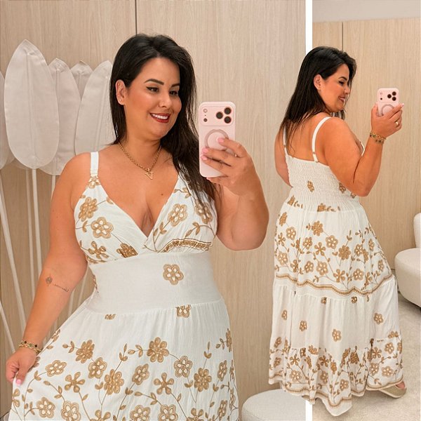 Vestido Alça Farm Maju Branco Estampado Plus Size
