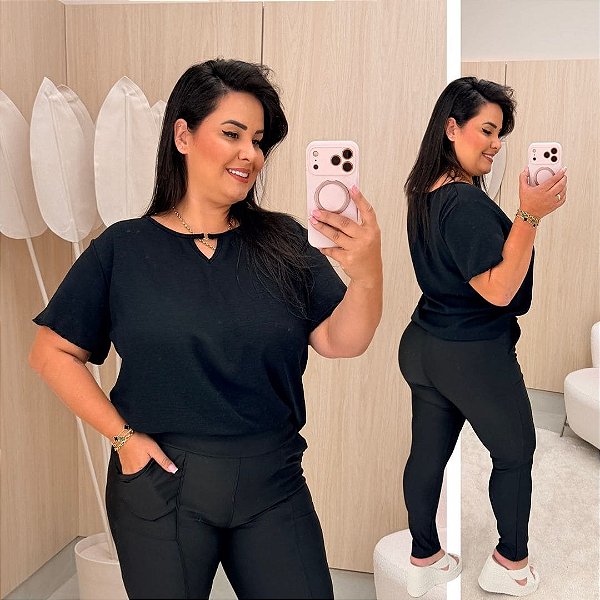 Blusa Manga Duna Beatriz Preta Plus Size