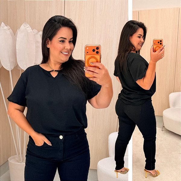 Blusa Manga Duna Beatriz Preta Plus Size