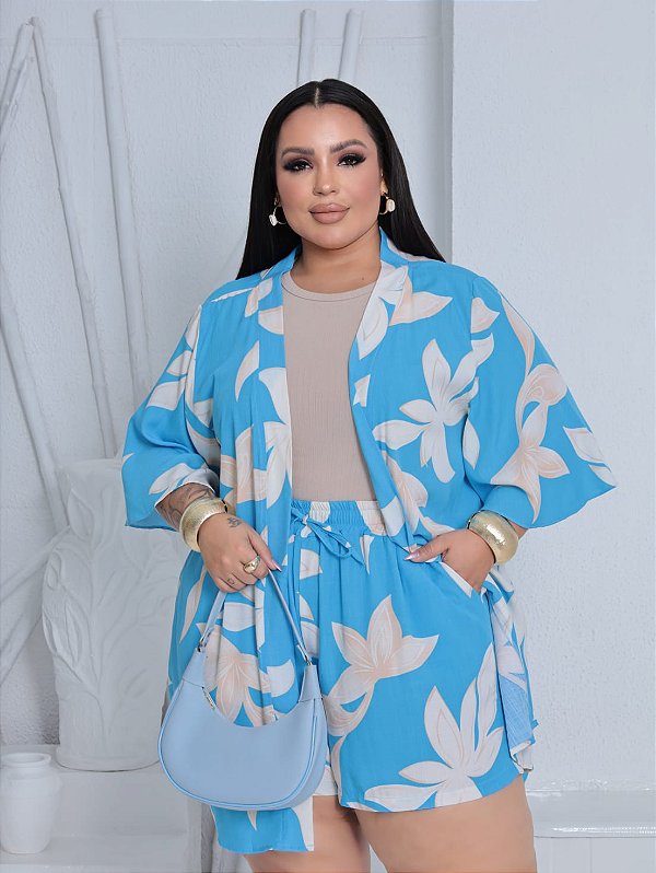 Conjunto Kimono Julia Azul Estampado Plus Size