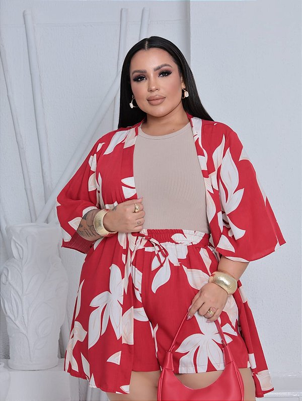 Conjunto Kimono Julia Vermelho Estampado Plus Size