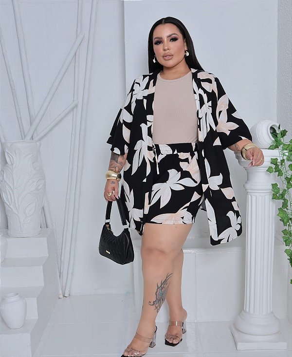 Conjunto Kimono Julia Preto Estampado Plus Size