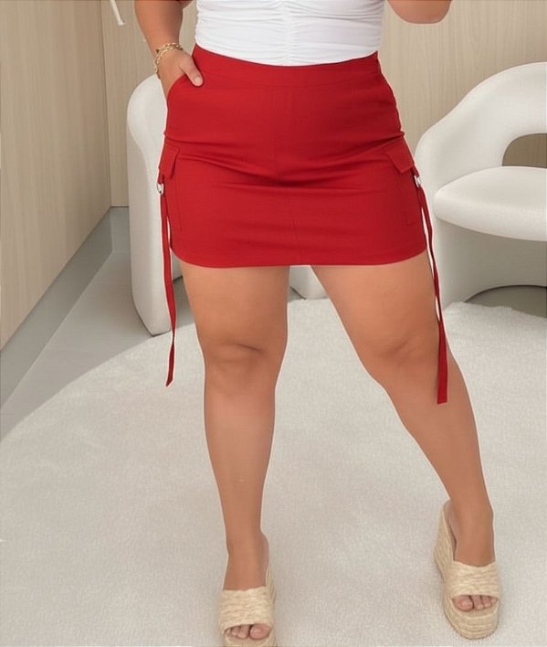 Short Saia Cargo Vip Cris Vermelho Plus Size