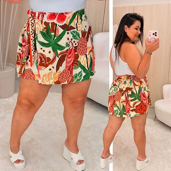 Short Saia Kate Verão Branco e Verde Plus Size