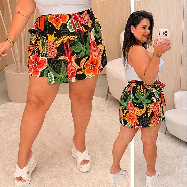 Short Saia Kate Verão Preto e Amarelo Plus Size