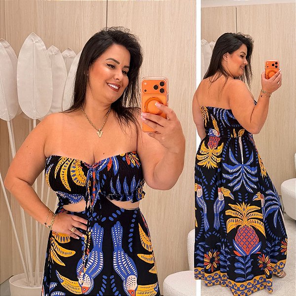Vestido Multi Formas Estampado Preto e Amarelo  Plus Size