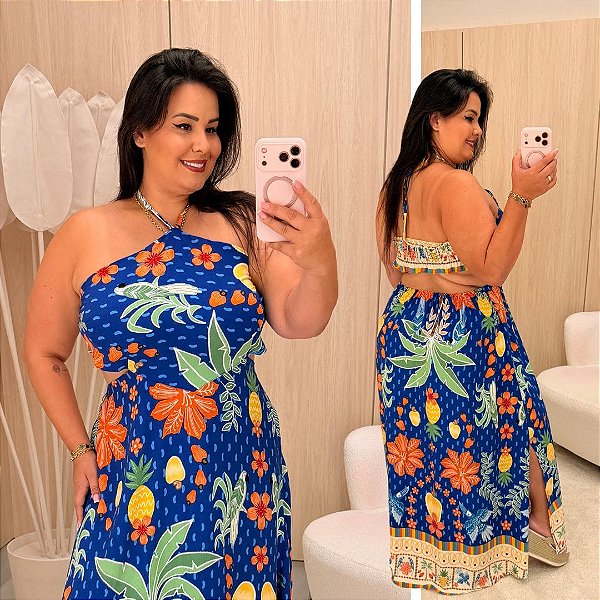 Vestido Natália Azul Estampado Frutas Plus Size