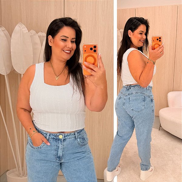 Regata Alça Larga Ribana Branca Plus Size