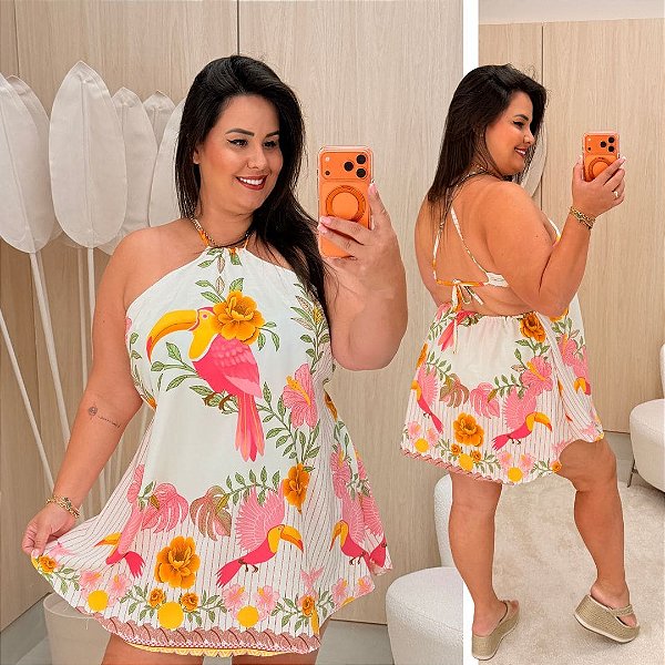 Macaquinho Ema Floral Rosa e Amarelo Plus Size