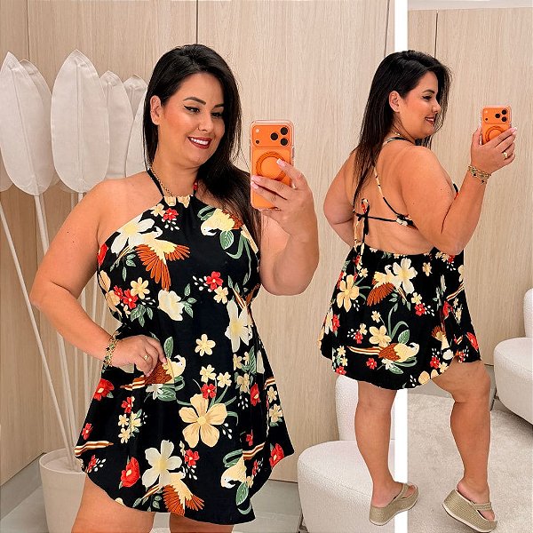 Macaquinho Ema Preto Flores Coloridas Plus Size