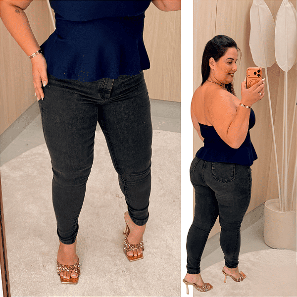 Calça Jeans Skinny FF Preta Marmorizada Betty Plus Size