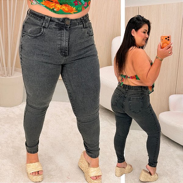 Calça Jeans Skinny FF Preta Marmorizada Betty Plus Size