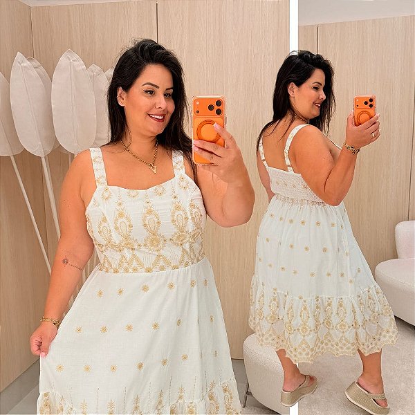 Vestido Laise Mariana Floral Branco e Bege Plus Size