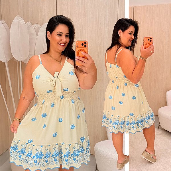 Vestido Curto Jeni Flor Azul Plus Size