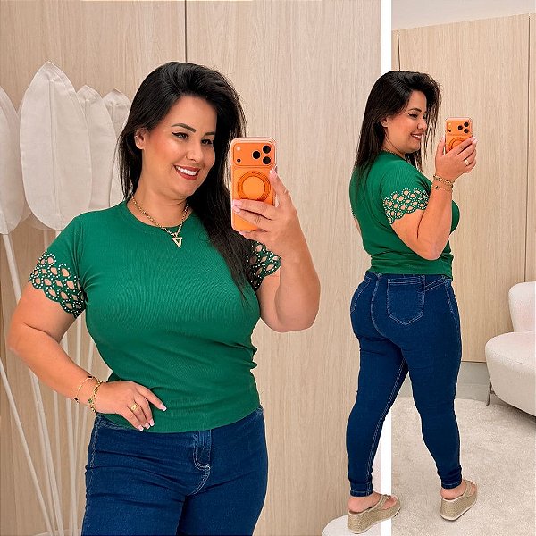 Blusa Manga Brilho Roberta Verde Plus Size