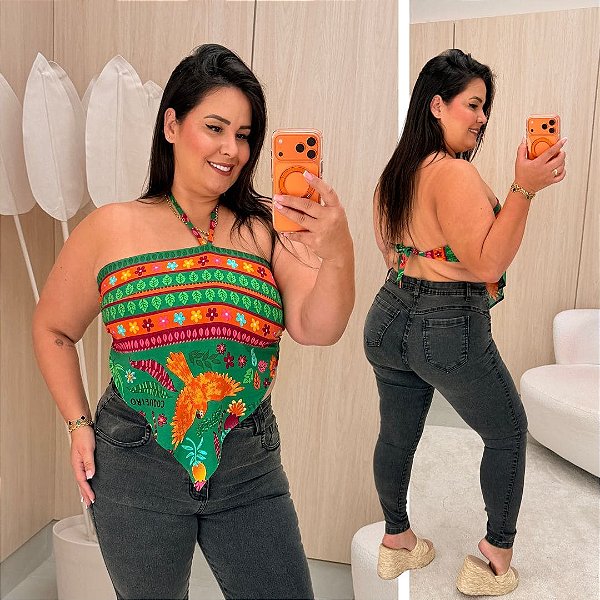 Cropped Lenço Julieta Verde Estampado Plus Size