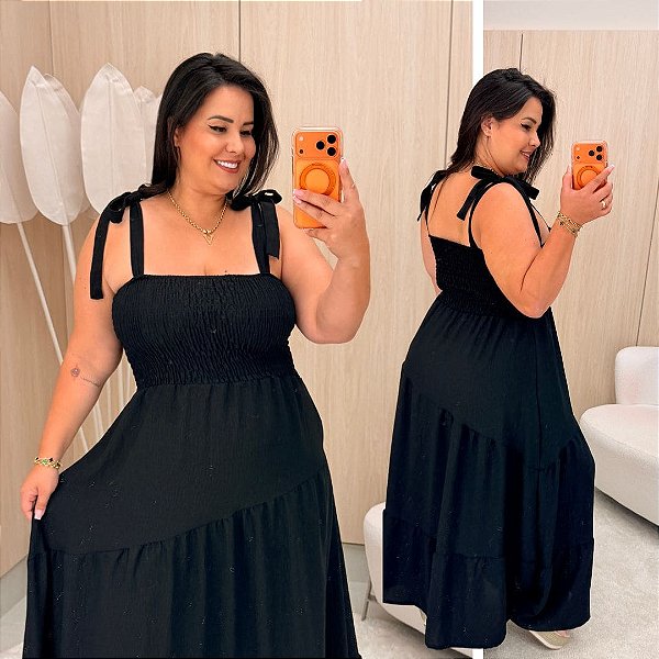 Vestido Alça Pamela MG Preto Liso Plus Size